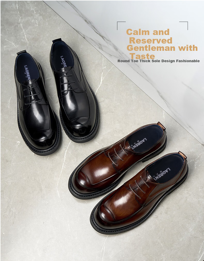 LAORENTOU Men's Leather Shoes, Top-Grain Leather, Classic Business Dress Shoes, Thick-Soled Formal Leather Shoes, 522010119, Black, Size 43 3