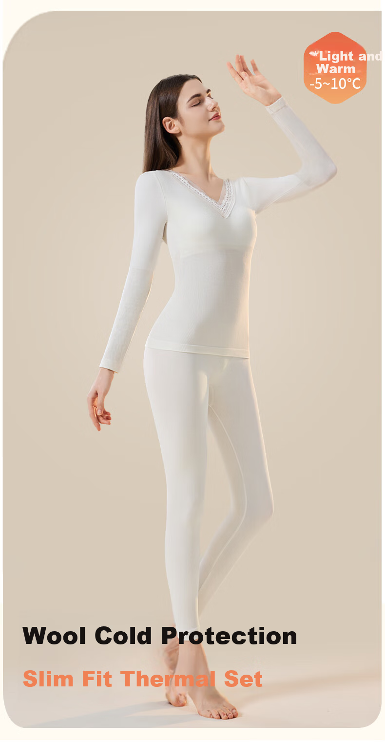 GUJIN Women's Thermal Underwear Set Wool V-Neck Slim Fit Base Layer Autumn Top and Bottom Without Bra 1