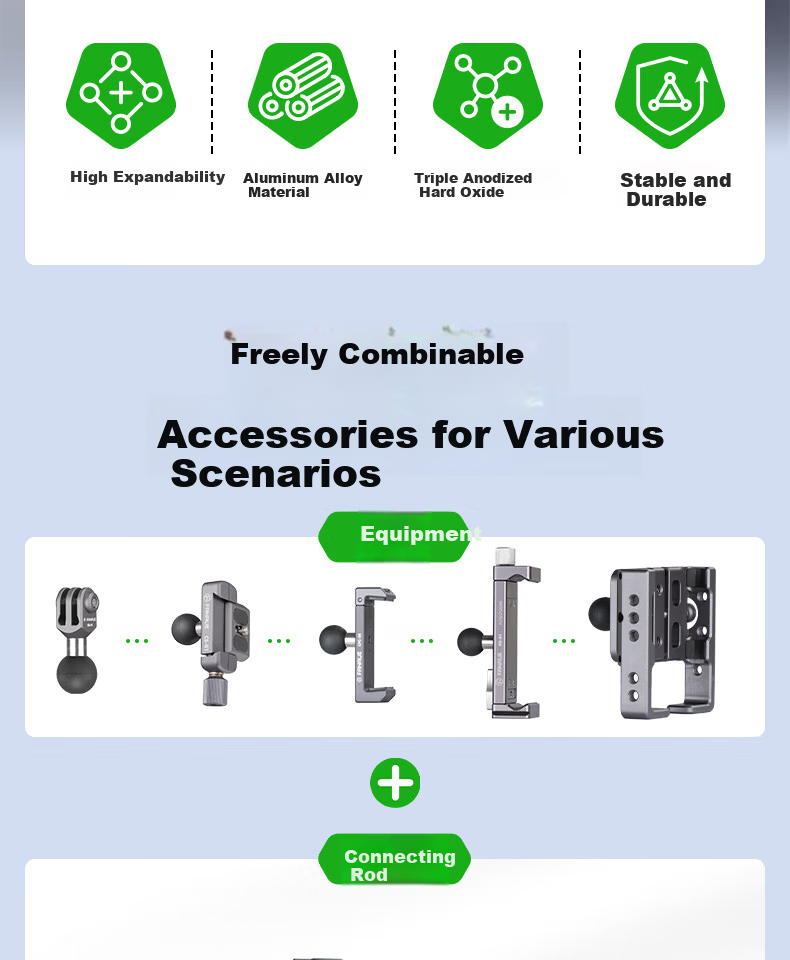 FANAUE Motorcycle Phone Holder, Action Camera Mount, 20mm Ball Head, Expansion Rod, Double-Joint Accessory, DA-60M 3