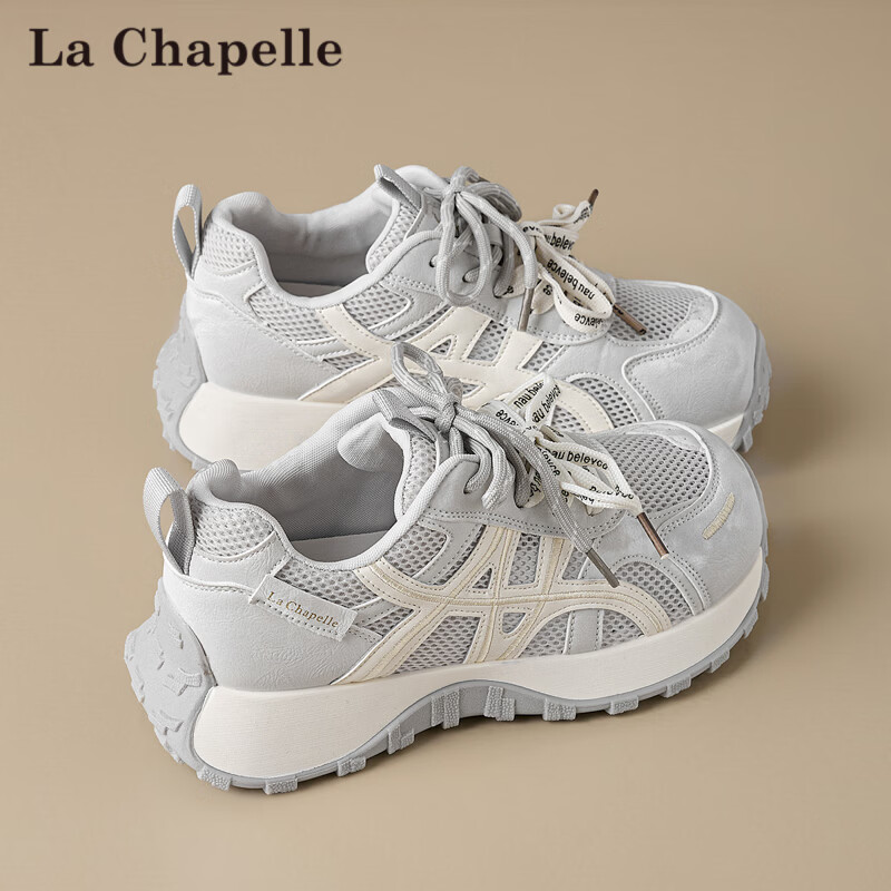 La Chapelle Women's Dad Sneakers Summer New Breathable Versatile Thick Sole Lightweight Thin Sports Shoes 830 Light Gray Size 36