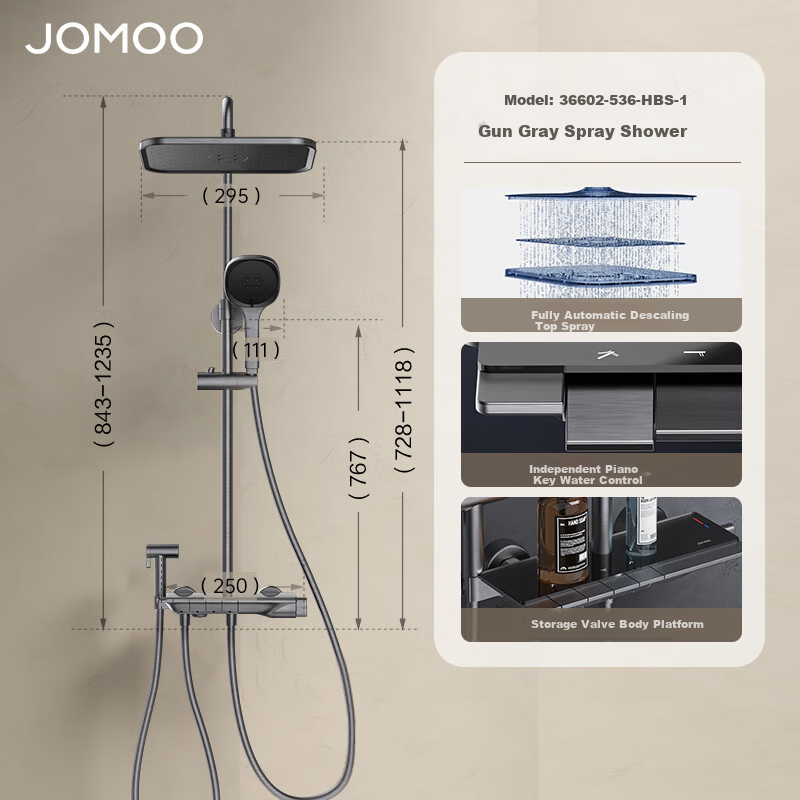JOMOO Shower Set Gun Gray Piano Key Automatic Descaling Pure Copper Waterway Shower 36602-536/HBS-1 4