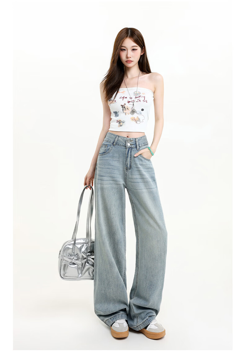 Jeanswest Women's High-Waist Jeans 2026 Spring Summer Lightweight Silky Slim Fit Wide-Leg Denim Pants Blue XL 22