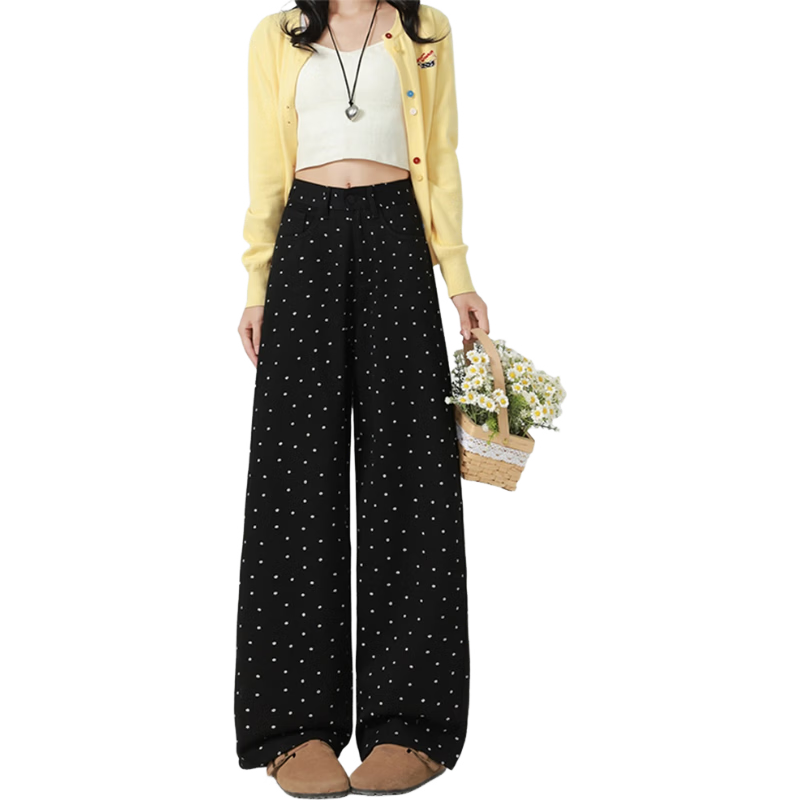 Jeanswest Women's High-Waist Printed Polka Dot Floral Slim Straight-Leg Wide-Leg Jeans White S Spring Summer