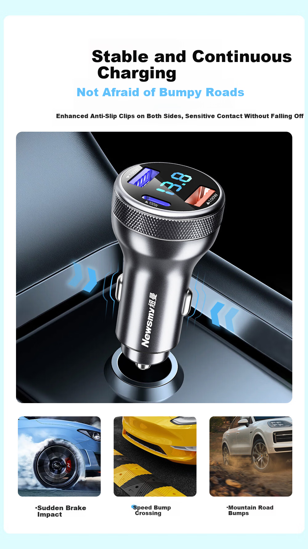 Newsmy 100W Super Fast Car Charger with Cable, Triple USB Port Cigarette Lighter Adapter, Type-C High Power Car Charger Compatible with Apple 17 10