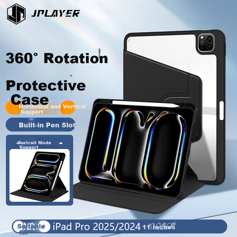 JPLAYER Apple iPad Pro 2025/2024 11-inch Case M5/M4 Chip Rotatable Transparent Protective Cover with Pen Slot Full Protection Shockproof Black