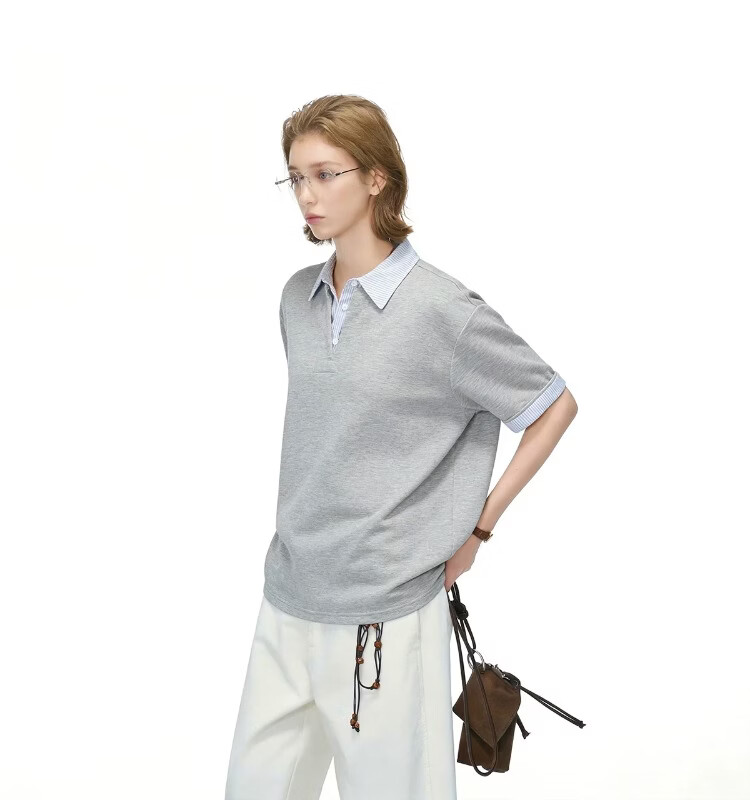 ICH MODE Intellectual High IQ Fake Two-Piece Striped Short Sleeve Polo Shirt Women Summer Couple T-Shirt Black M 13