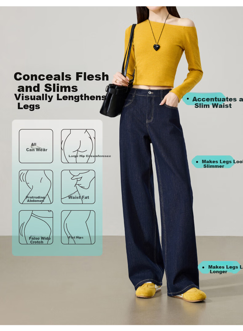 ESE-Y Women's Wide Straight Jeans 26 Spring New Colorfast Cotton Stretch Wide-Leg Pants Denim Blue 27 5