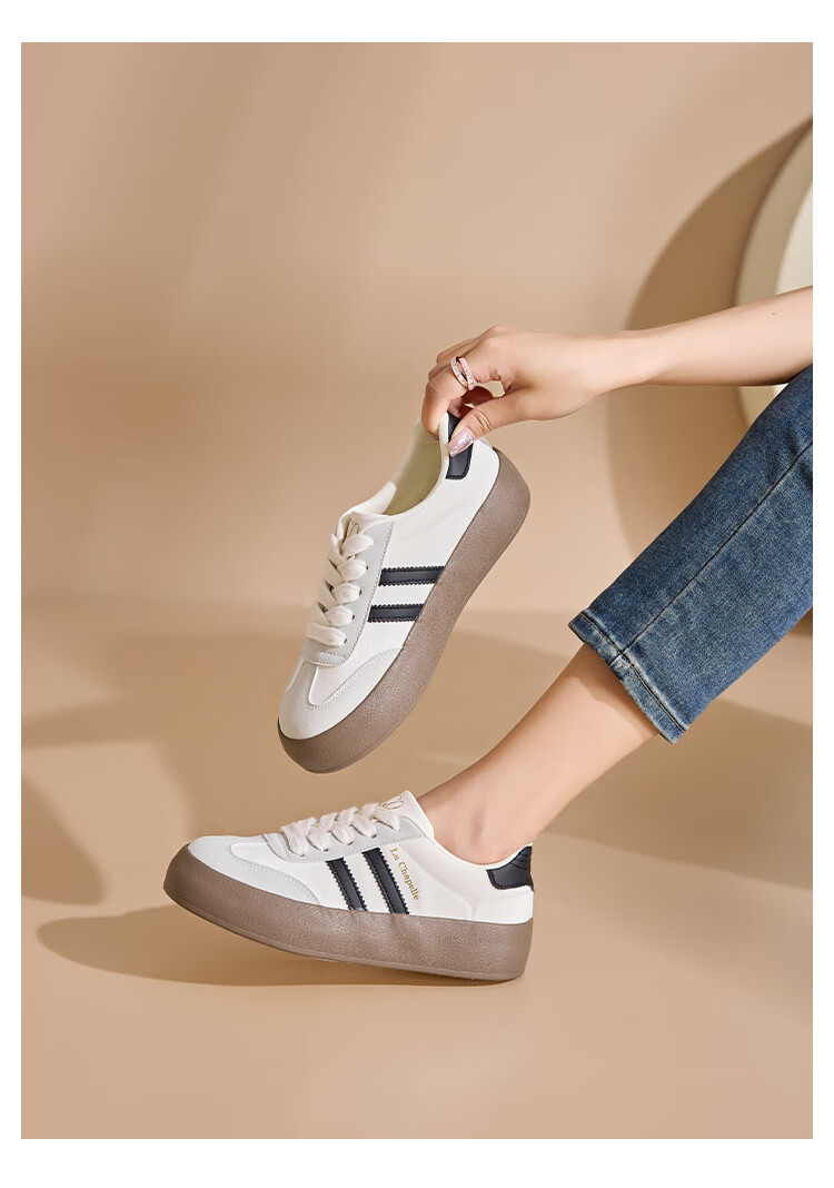 La Chapelle Women's Shoes, Training Shoes for Women, Versatile Thick-Soled White Sneakers, Low-Top Casual Skateboard Shoes for Women-079BR Beige/black 37 5