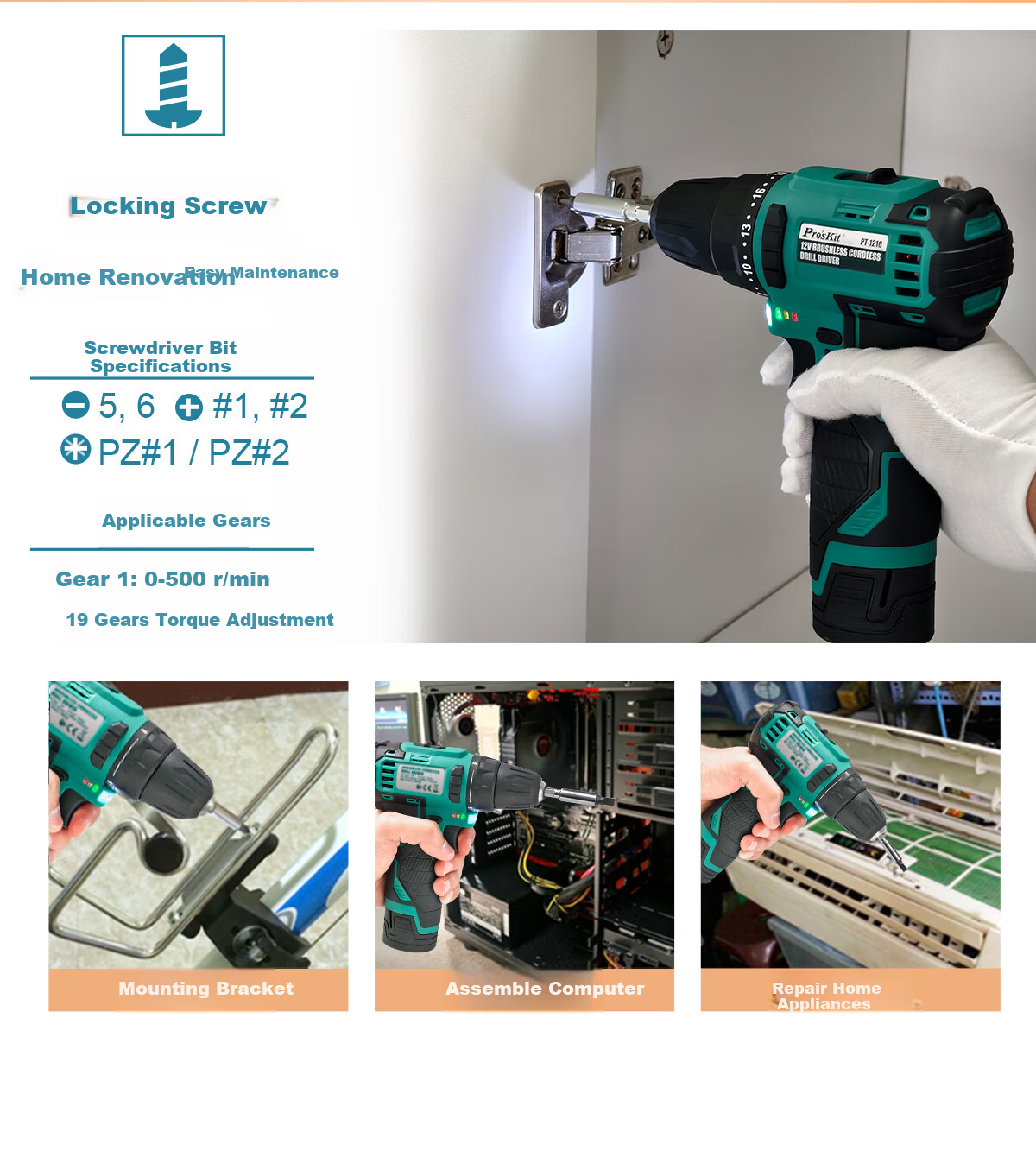 Pro'sKit 12V Cordless Brushless Electric Drill Screwdriver Impact Drill PT-1216G 10