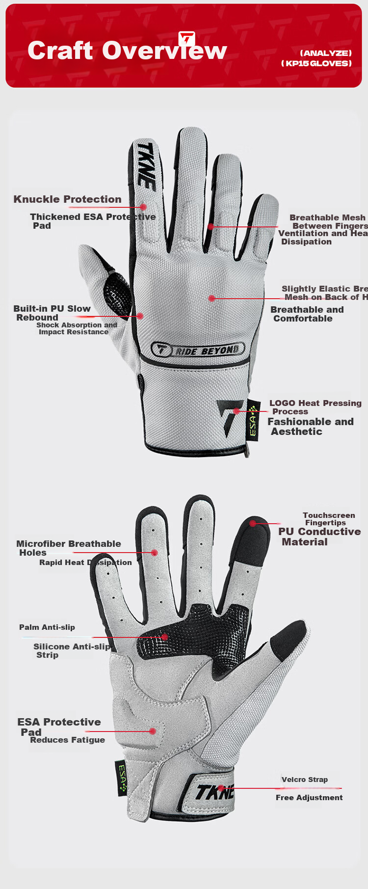 TKNE Summer Motorcycle Gloves Thin Off-Road Riding Anti-Fall Breathable Touchscreen Protective Rider Gear Black L 4