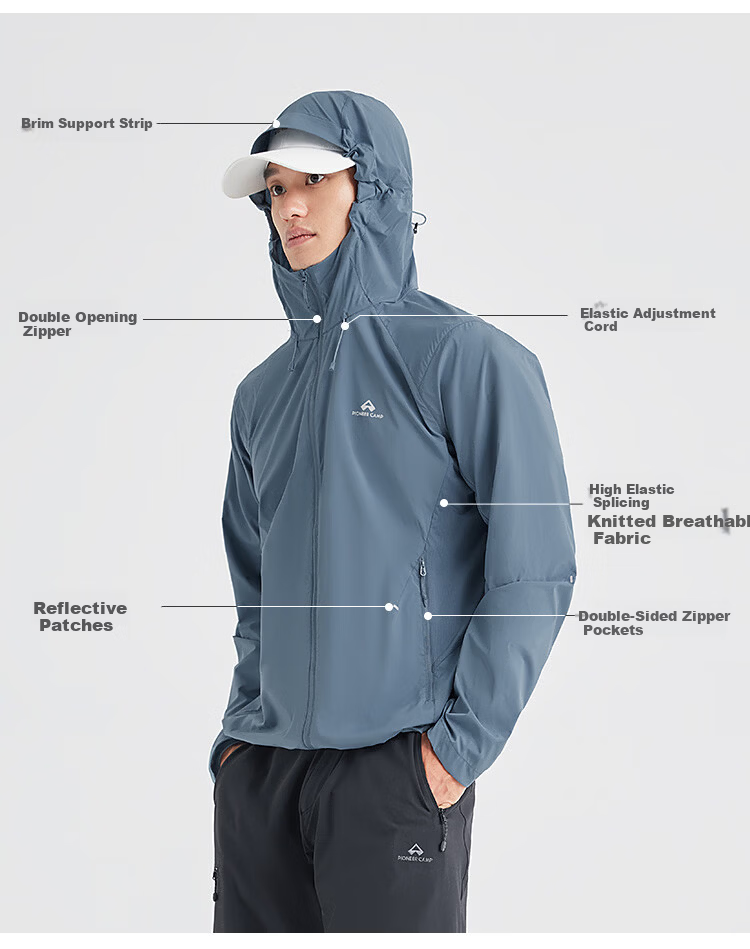 Pioneer Camp Zhuque Sun Protection Jacket for Men, Summer Outdoor Lightweight Sun Protection Clothing, Loose-Fitting Hooded Coat for Men, UV-Resistant Skin Coat 3