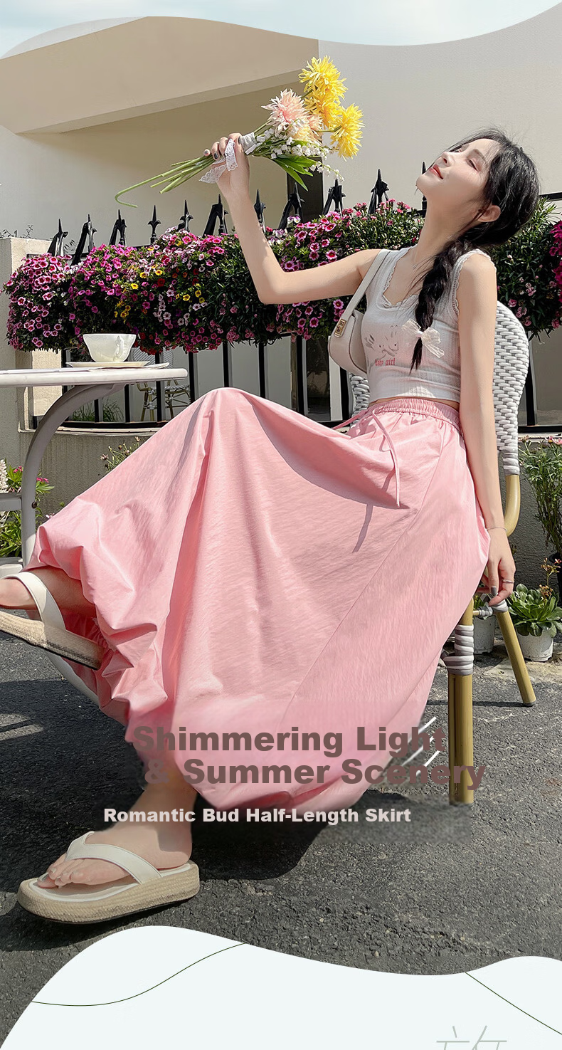 Langsha Bud Half Skirt Women Spring Summer Thin High Waist Loose Slim A-Line Puffy Cloud Mid-Length Skirt 2
