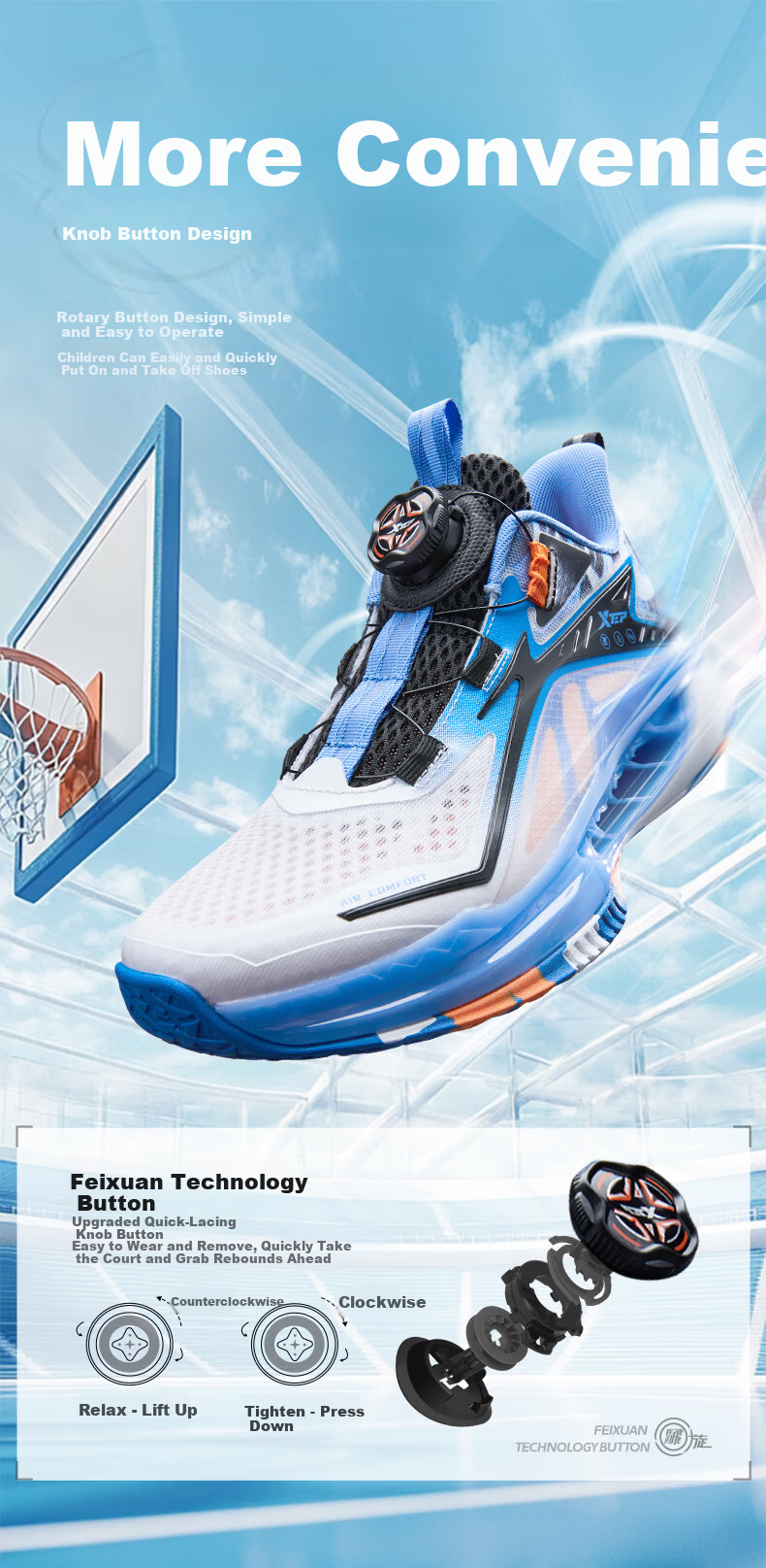 XTEP Children's Shoes, Boys' Big Kids Mesh Breathable Rotating Buckle Basketball Shoes, Sail White/peach Pink, Size 37 5