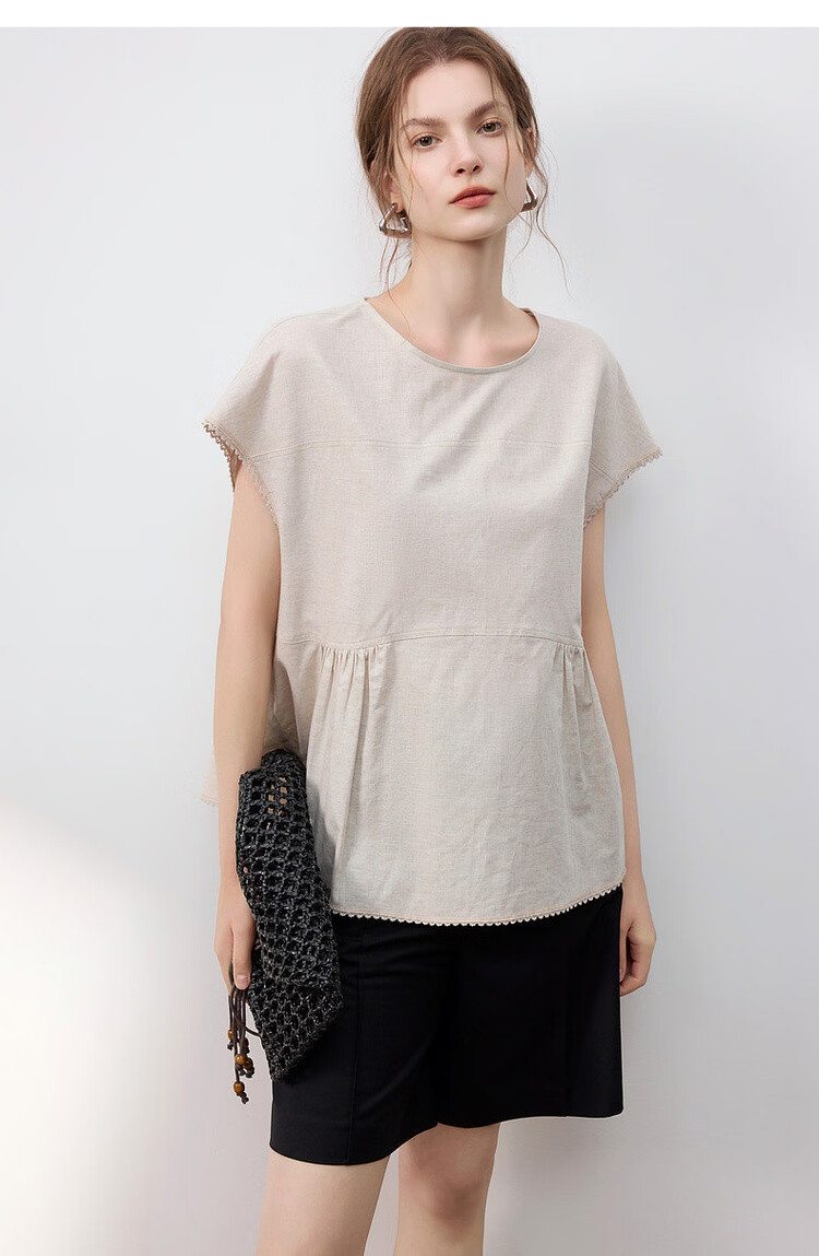 Demana [with Flax Cloud Cotton] Summer Simple Style Round Neck Covered Sleeve Lace Lightweight Loose Slim Shirt for Women Premium 19