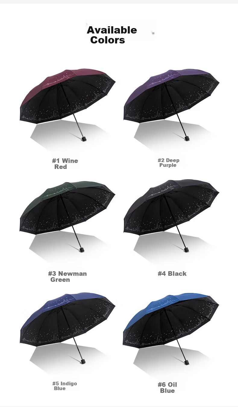 Tiantangsan Double-Person Umbrella, Three-Fold, 10 Ribs, Large Size, Windproof, Black Rubber, Sun Protection, Dual-Use Umbrella, Starry Sky Blue 5