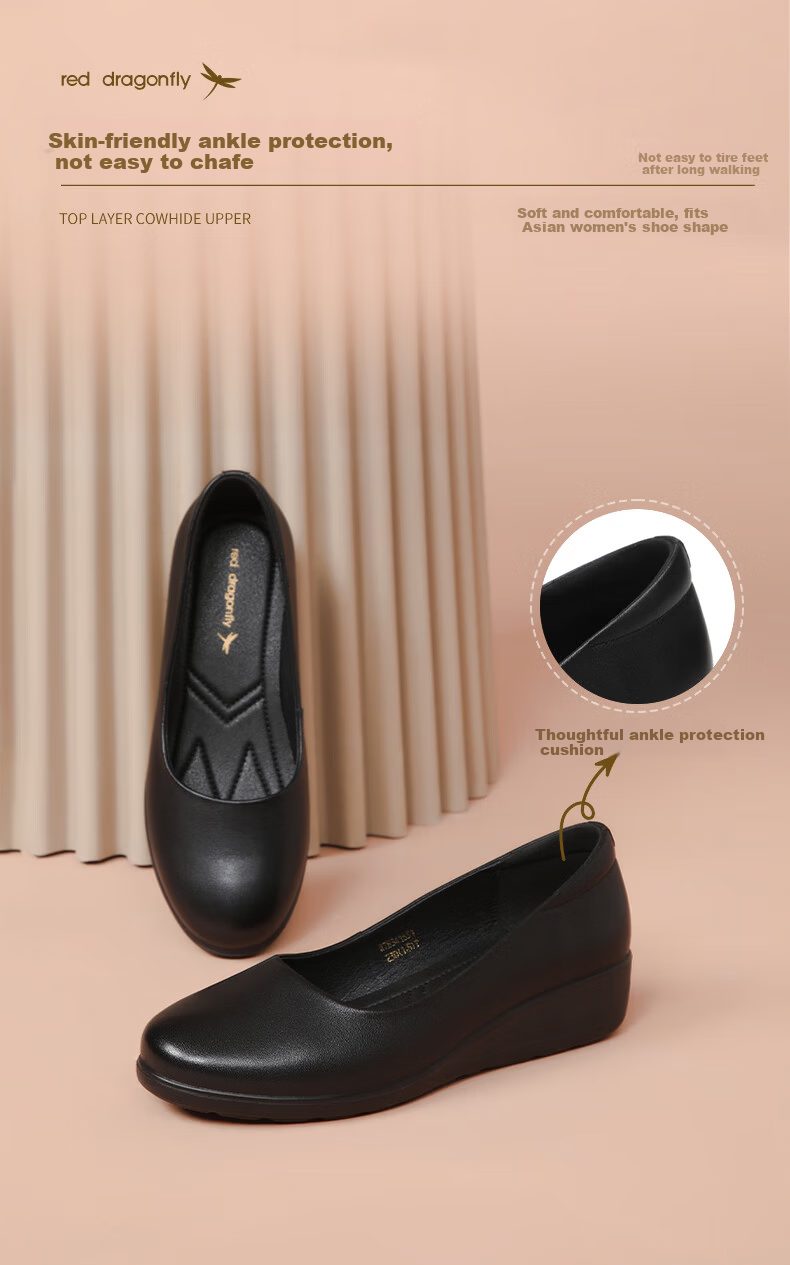 Hongqingting Women's Leather Casual Shoes, Wedge Heel Soft Leather Loafers, Commuter Work Flats, WTB341831, Black, Size 35 5