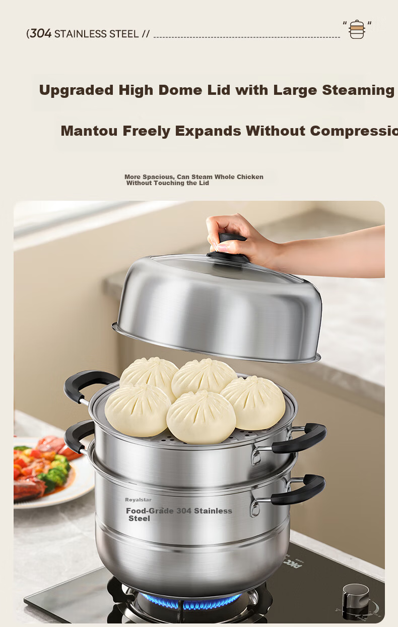 Royalstar 304 Stainless Steel Steamer Pot Soup Cooker High Capacity Three-Layer 28cm Compatible with Gas and Induction Cookers 7