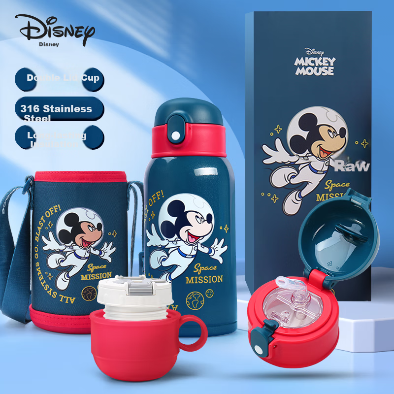 Disney Kids Insulated Straw Drinking Cup 316 Stainless Steel Large Capacity with Cup Sleeve Double Lid Water Bottle 650ml Mickey