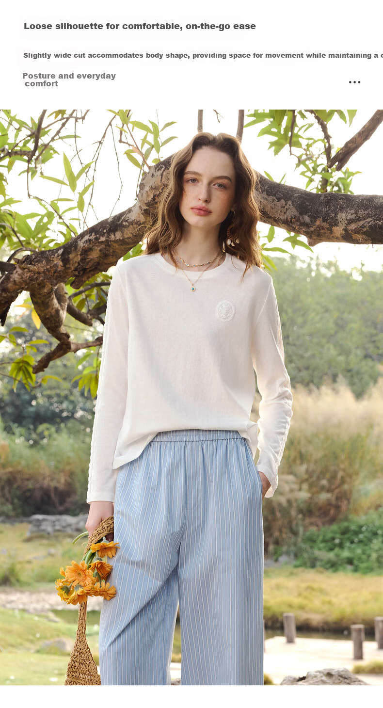 Olrain French Lace Splice Snowflake Cotton Long Sleeve T-Shirt Women Spring New Commuter Casual Top Off-White M 8