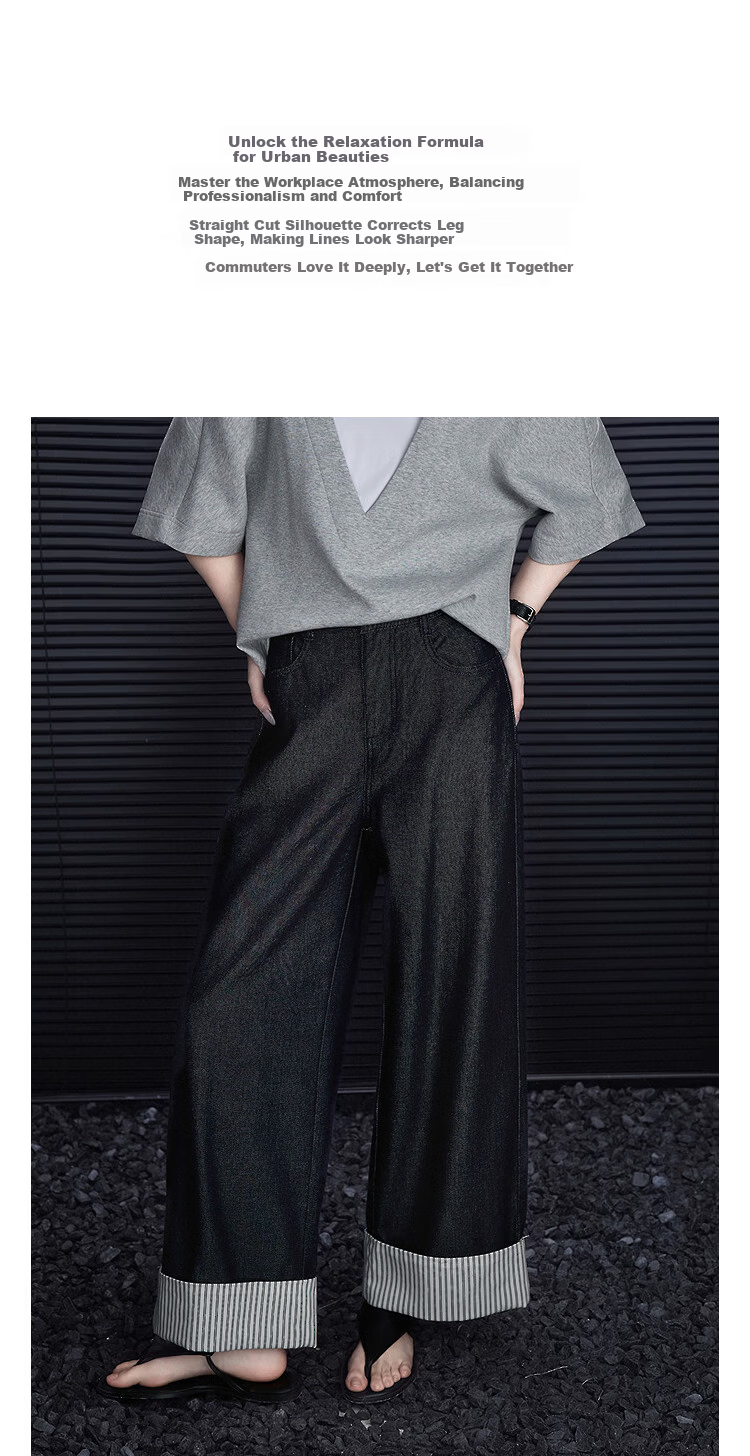 Demana [Cloud Feel Cotton Blend] Spring High-Waist Straight-Leg Striped Patchwork Cuffed Petite Elegant Women's Jeans 6
