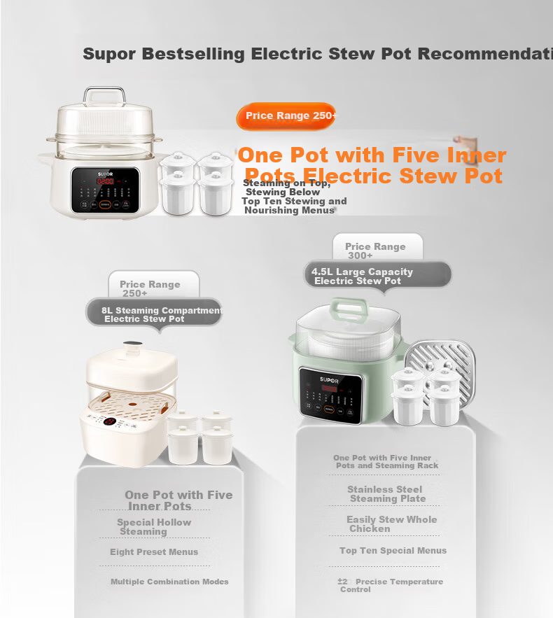 SUPOR Electric Stew Pot, Water Bath Stewing Cooker, Household Porridge and Soup Pot, Bird's Nest Stew Pot with White Ceramic Inner Pot, Steaming and Stewing DZ25FC859 2.5L Multifunctional Cooker 1