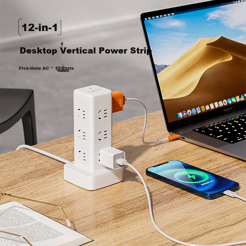 Lengon Cube Vertical Power Strip/Socket with Master Control, 12 Outlets, 1.7m Cord, Surge Protector, Extension Cord for Dormitory Home Office U1012-1.7 White