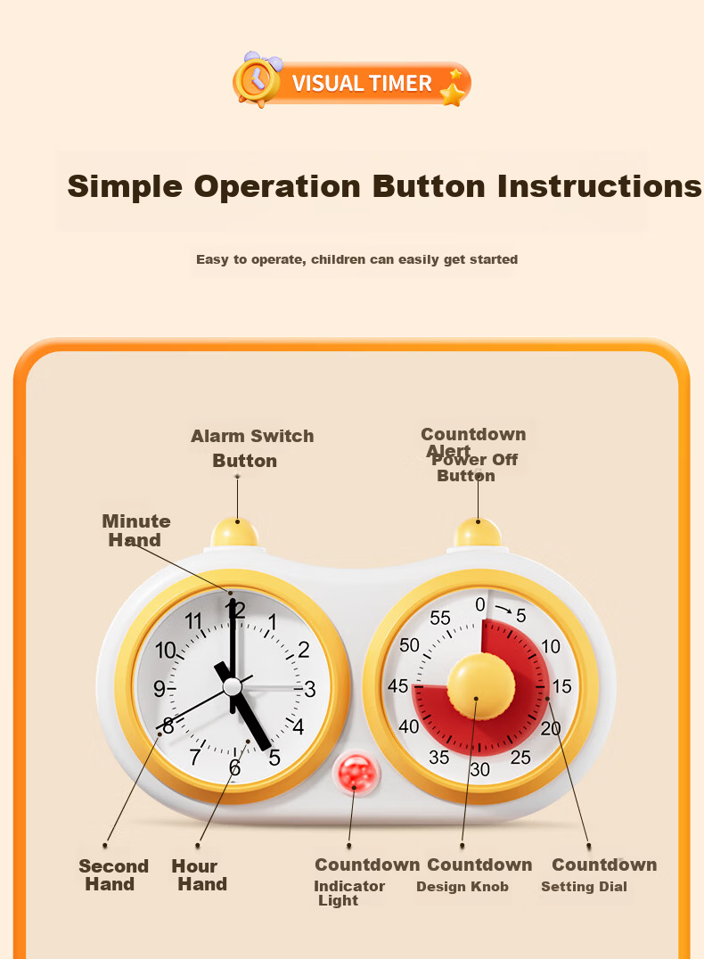 Qite Timer Learning Discipline Tool Student Alarm Clock Visual Countdown Dual Screen Time Management Children's Timer Birthday Gift for Primary School Students 19