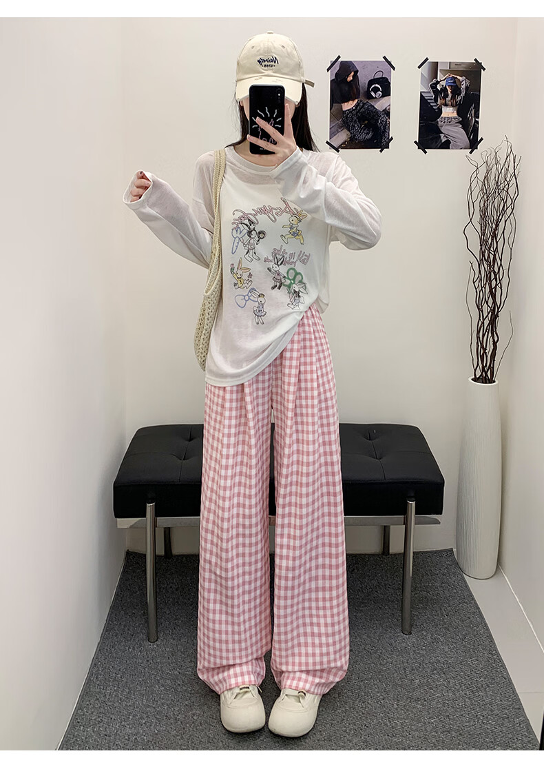 Borui Plaid Casual Pants for Women 2026 New Spring Summer Lightweight Loose Wide-Leg Pants Black XL 26