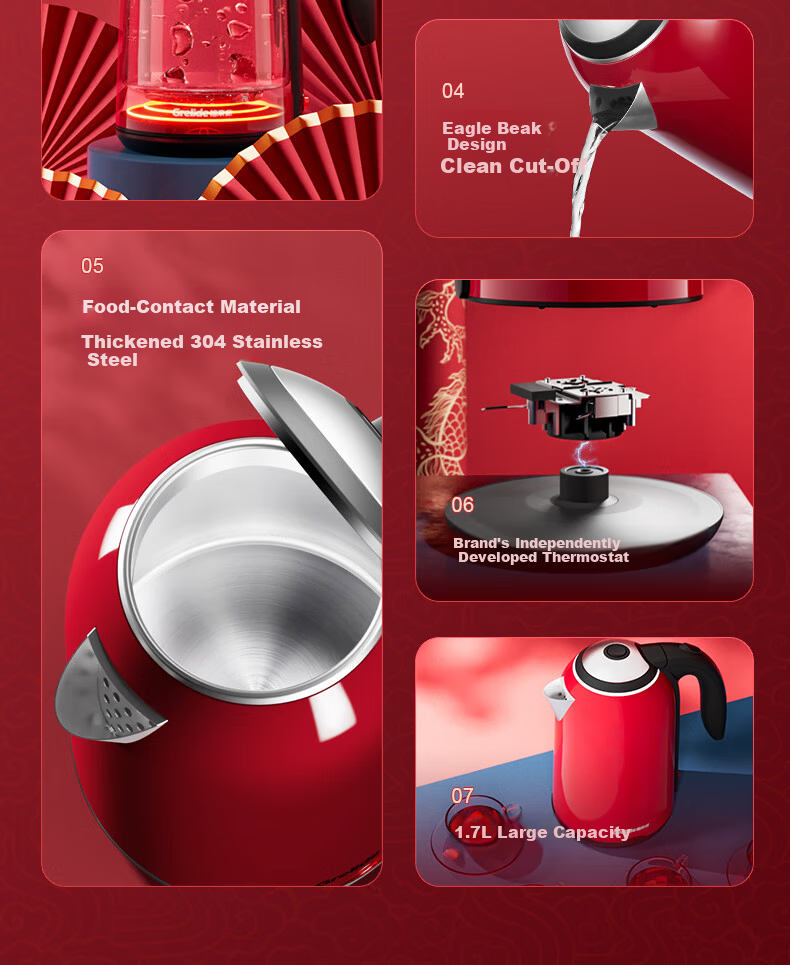 Grelide Electric Kettle, Constant Temperature, Wedding Home Use Water Boiler, 316 Stainless Steel Electric Kettle, Insulated Large Capacity 1.7L Boiling Water Pot, Double-Layer Anti-Scalding And Dry-Burning Prevention D1710K Red Wedding Celebratio 3