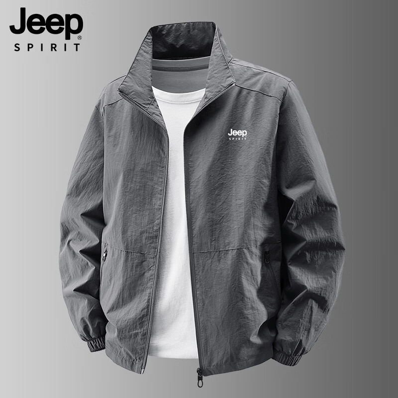 JEEP SPIRIT Men's Lightweight Breathable Sun Protection Jacket Summer Casual Outdoor Stand Collar Coat Gray M