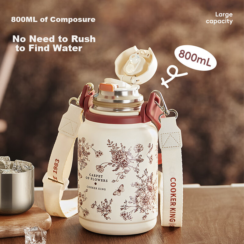 COOKER KING Insulated Thermos Large Capacity Water Bottle Home Outdoor Hot Water 316 Stainless Steel 800ml (Rose Holiday)