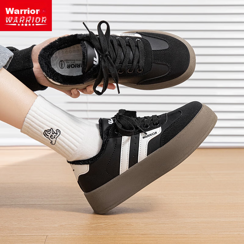 Warrior Official Women's Fleece-Lined Training Shoes 2026 Spring Summer Warm Sports Shoes Black White Size 37