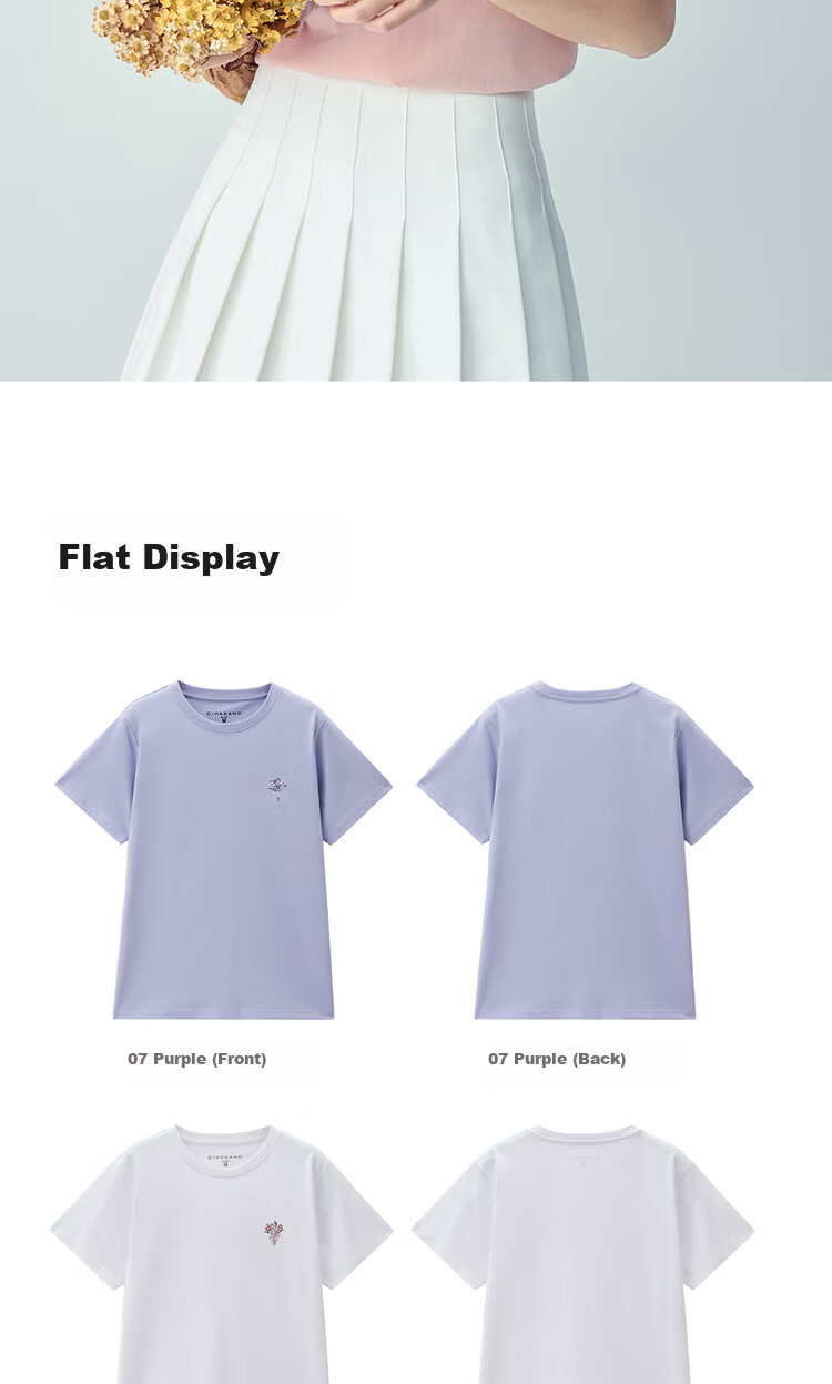 Giordano Women's Short Sleeve T-Shirt 2026 Summer New Pure Cotton Bouquet Embroidery Forest Style Crew Neck Top 13326321 18