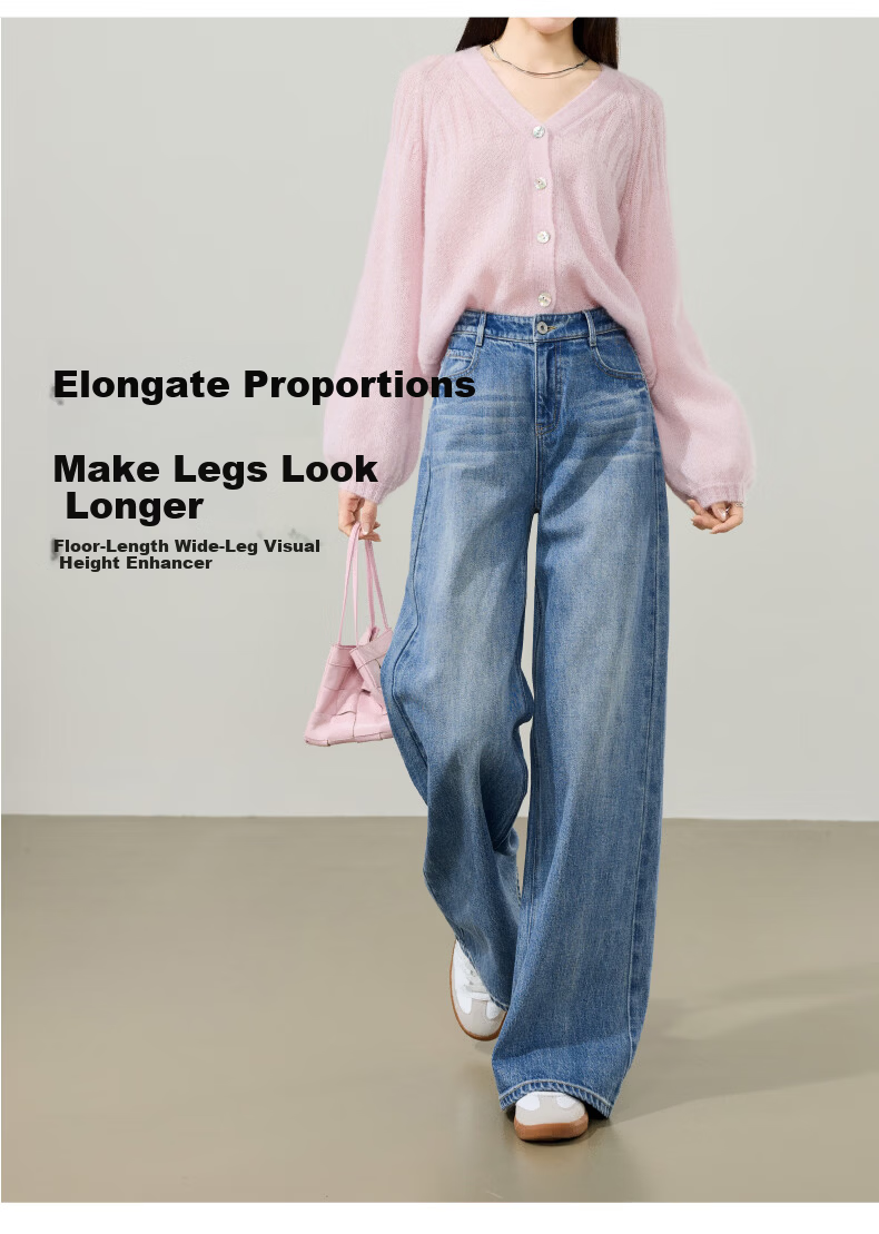 ESE-Y Slimming Wide-Leg Pants for Women 26 Spring New Lightning Wash Vintage Twill Denim Straight-Leg Pants Blue 29 7