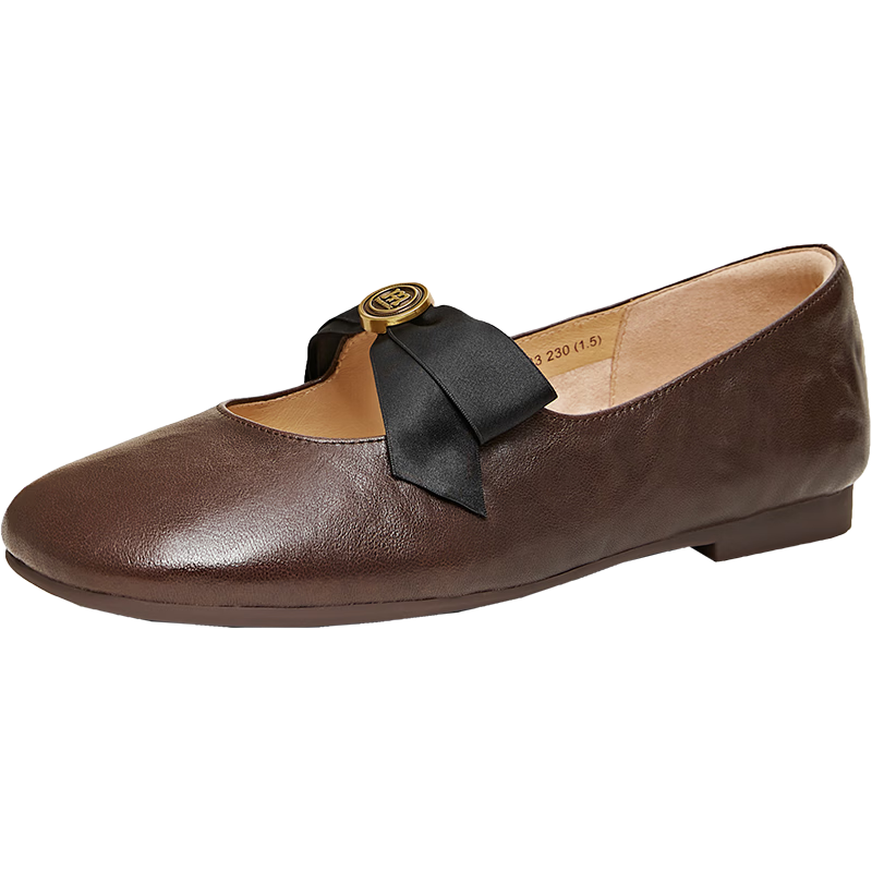 TEENMIX Rose Candy Retro Flat Sheepskin Mary Jane Shoes for Women, Shallow Mouth Single Shoes, New Style, Brown, Size 36
