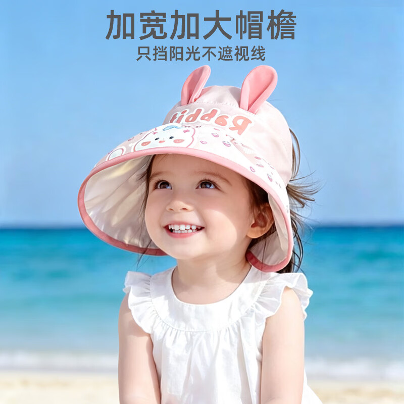 9i9 Kids Summer Sun Protection Hat Thin Girls Open-Top Wide Brim Sunshade Hat Sweet Strawberry Rabbit Ponytail 3-12 Years F36