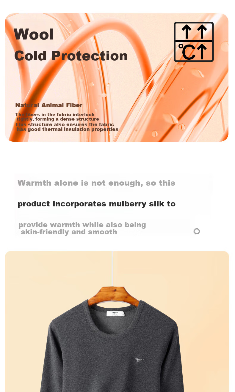 SEPTWOLVES [Wool + Mulberry Silk] Thermal Underwear for Men, Fleece-Lined Thick Round Neck Autumn And Winter Cold-Proof Warm Set 5