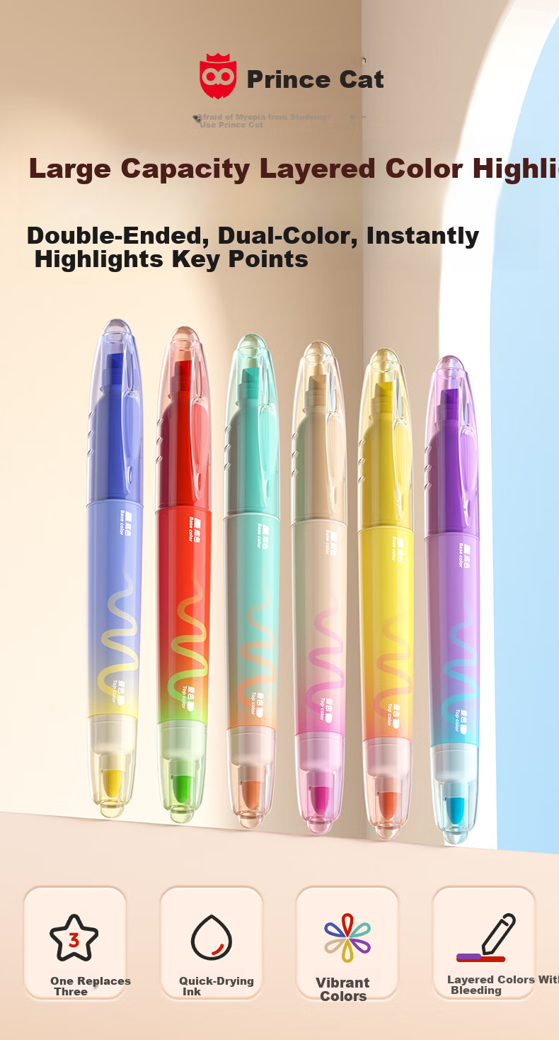 Cat Prince Stackable Color Highlighter Marker Pen Double-Ended Fluorescent Pen 12 Colors Quick-Dry for Elementary Students Note-Taking and Handwritten Reports 1