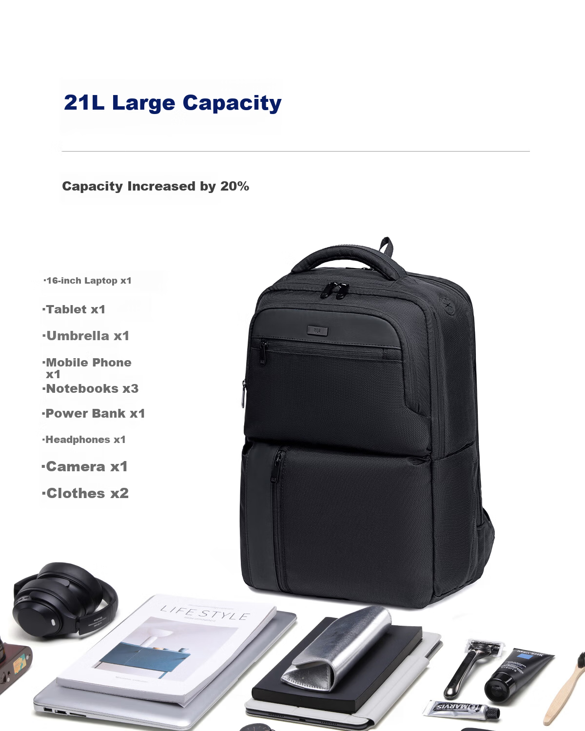 HLA Large Capacity Men's Backpack Business Commuter Travel Laptop Bag Black 21L 2