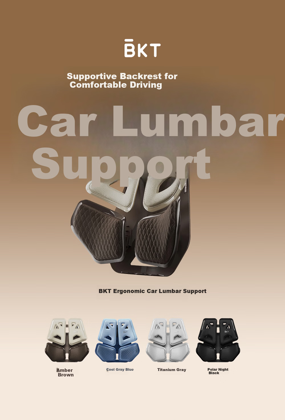 BKT Car Lumbar Support Cushion Driving Waist Pillow Long Drive Seat Backrest Office Chair Holiday Gift 1