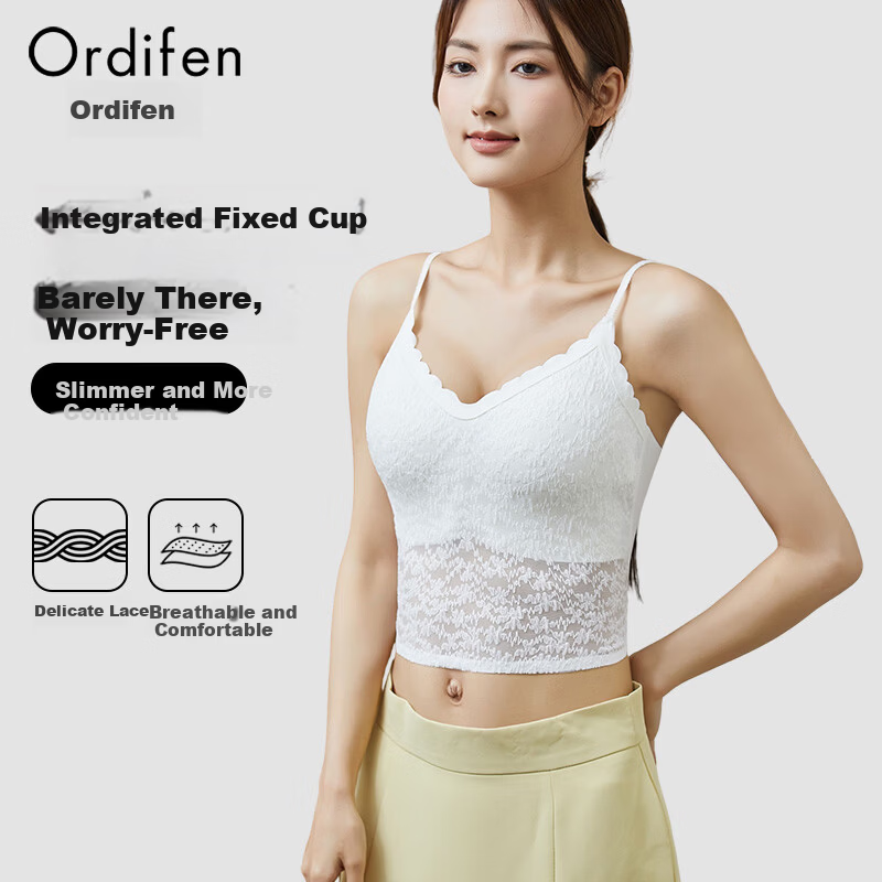 Audifine Lace Camisole Vest with Chest Pad Women's White Breathable Innerwear Base Layer Top Bra