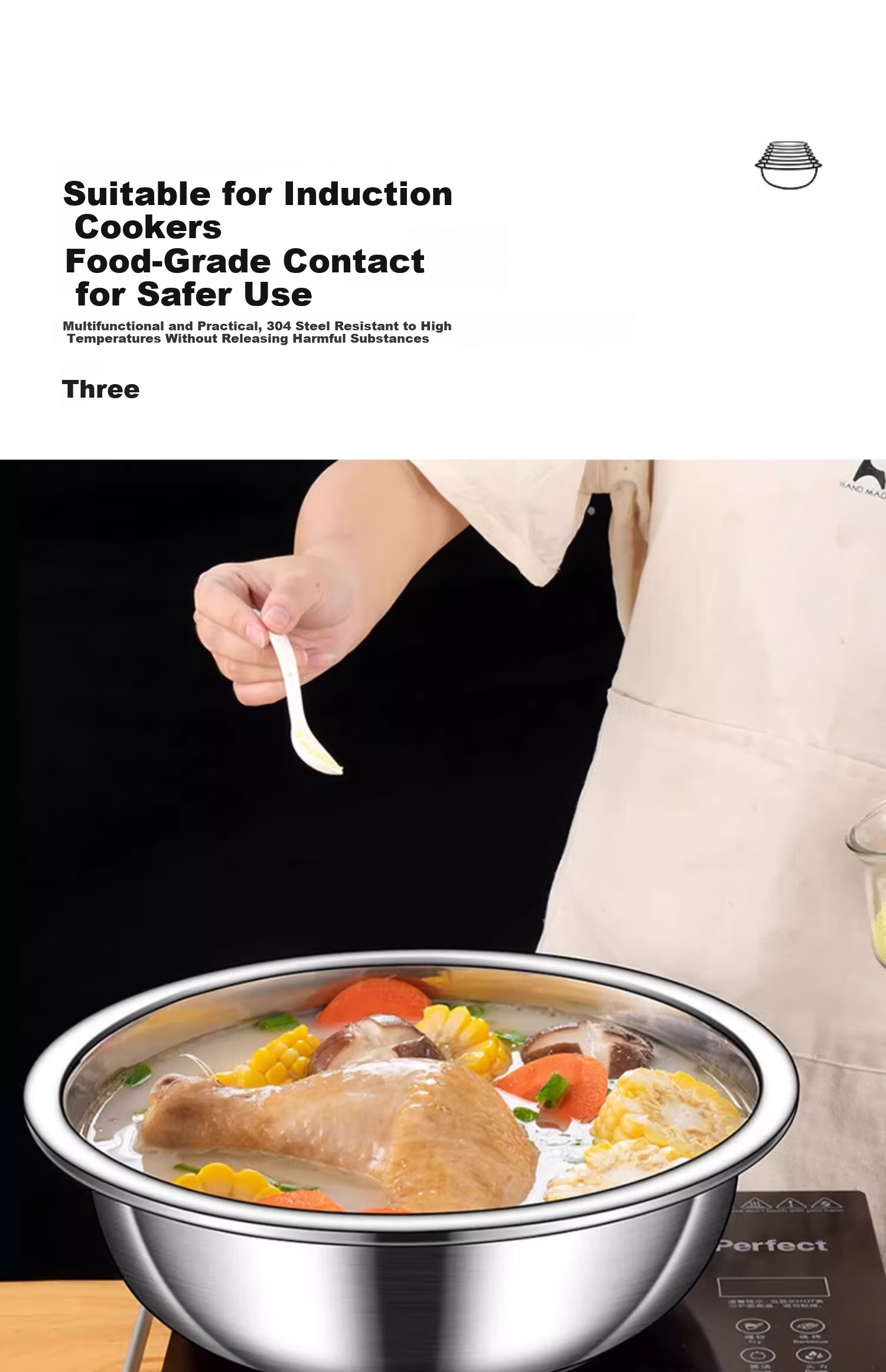 Oluoti 304 Stainless Steel Food Grade Salad Bowl Thickened Kitchen Marinating Bowl Egg Beating Bowl Large Basin 30cm 10