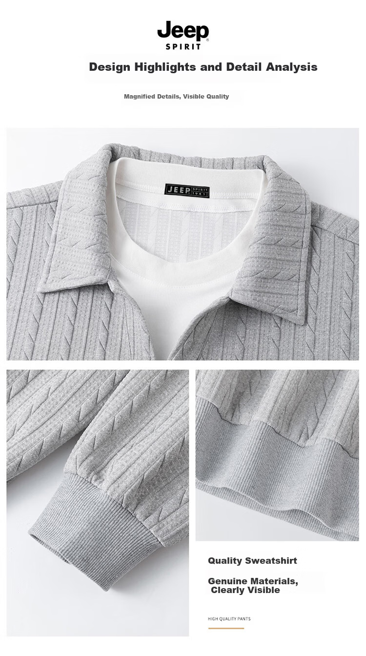 JEEP SPIRIT Men's Long Sleeve Polo Shirt Sweatshirt Spring Loose Casual Base Shirt Gray XL 2