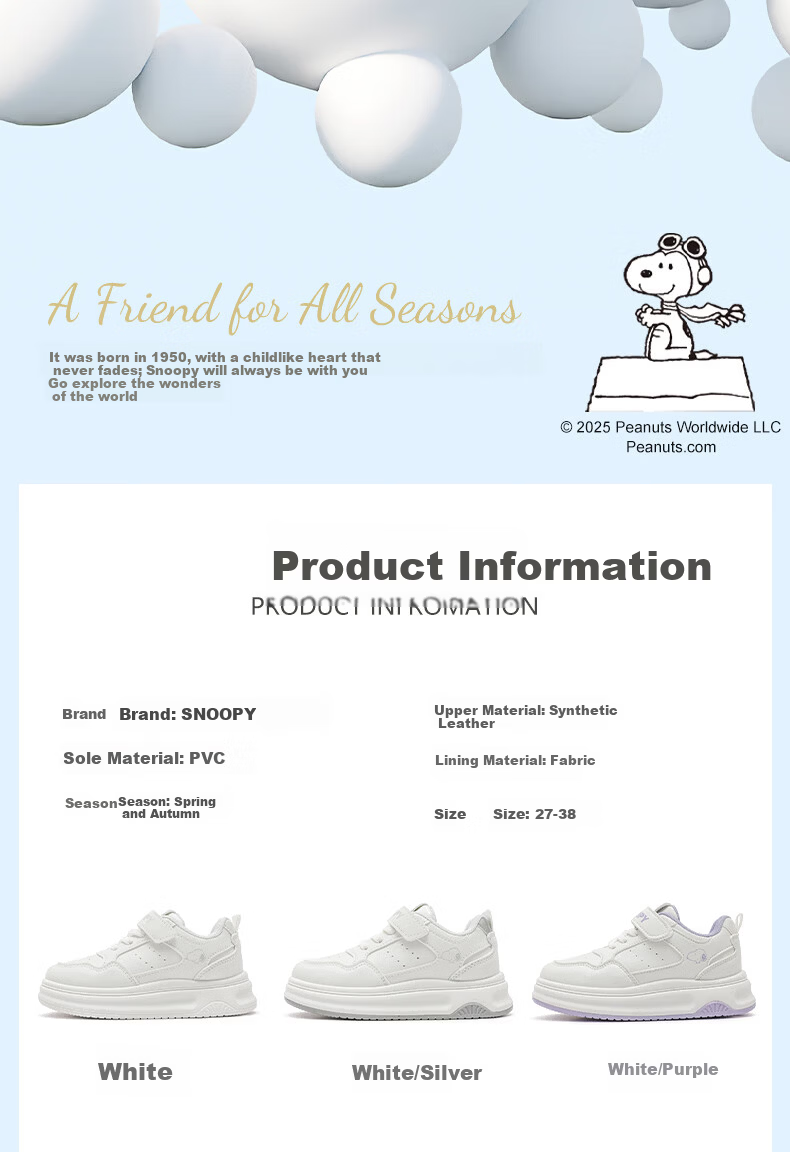 SNOOPY Kids Girls Sports Shoes Spring Autumn Children's Casual Sneakers Boys School Soft Sole White Silver 0041 Size 28 1