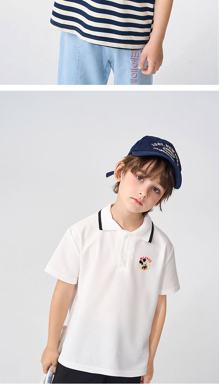 Disney Kids Summer New Polo Shirt and Denim Jeans Set College Style Versatile Pants and Top White+Blue 120 10