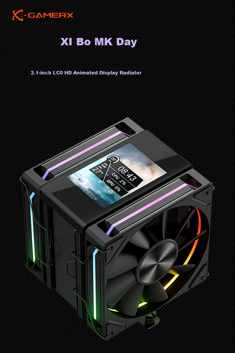 PowerTrain Unknown Player MK8 Black CPU Air Cooler with Screen, 6 Copper Heat Pipes, ARGB Sync, Dual Fans for Desktop PC, 1851/1700/AM4/AM5 1