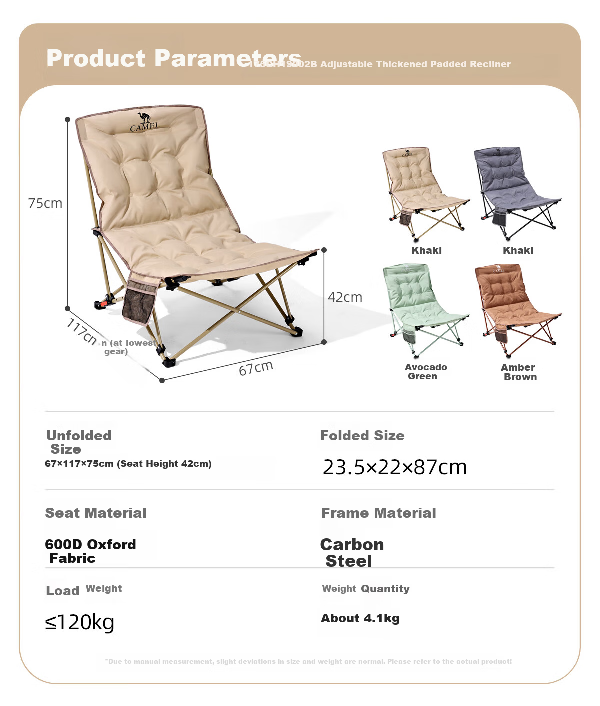CAMEL Outdoor Reclining Chair Portable Camping Chair Office Nap Chair Dual-Use Sitting and Lying Leisure Home Folding Chair 18