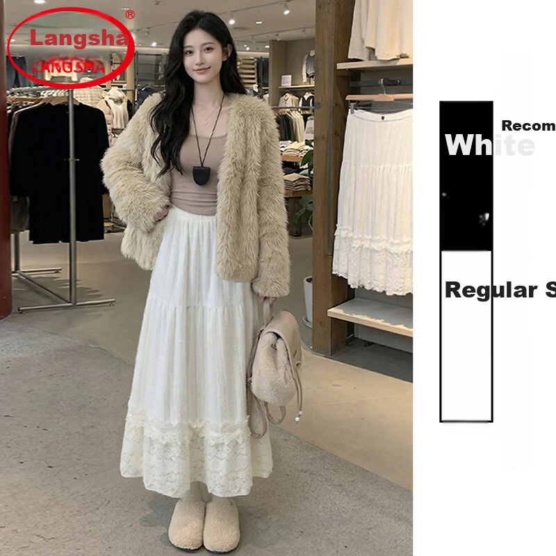 Langsha Plush Accordion Pleated Skirt Sweet Elegant Lace Splice Skirt 2026 Early Spring New Gentle Fairy Cake Skirt