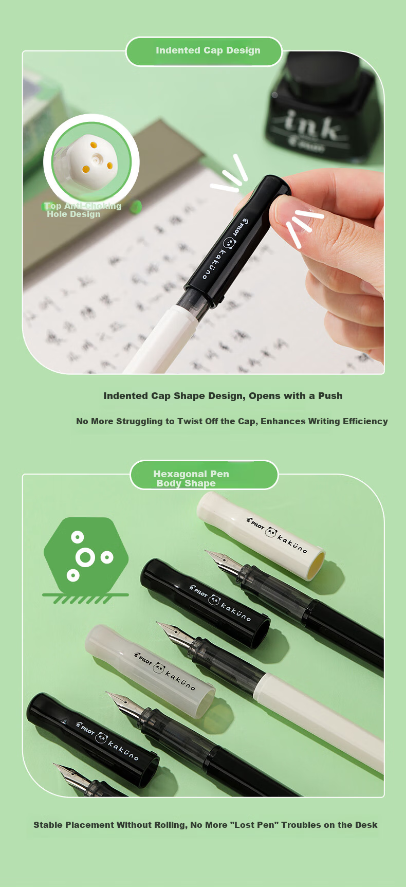 PILOT KAKUNO Smile Panda Limited Edition Fountain Pen for Elementary Students Grades 3-6 Refillable Ink Cartridge Signature Pen CA.FKAPD25DF-IC-ZH Translucent F Nib White Cap Black Barrel 6
