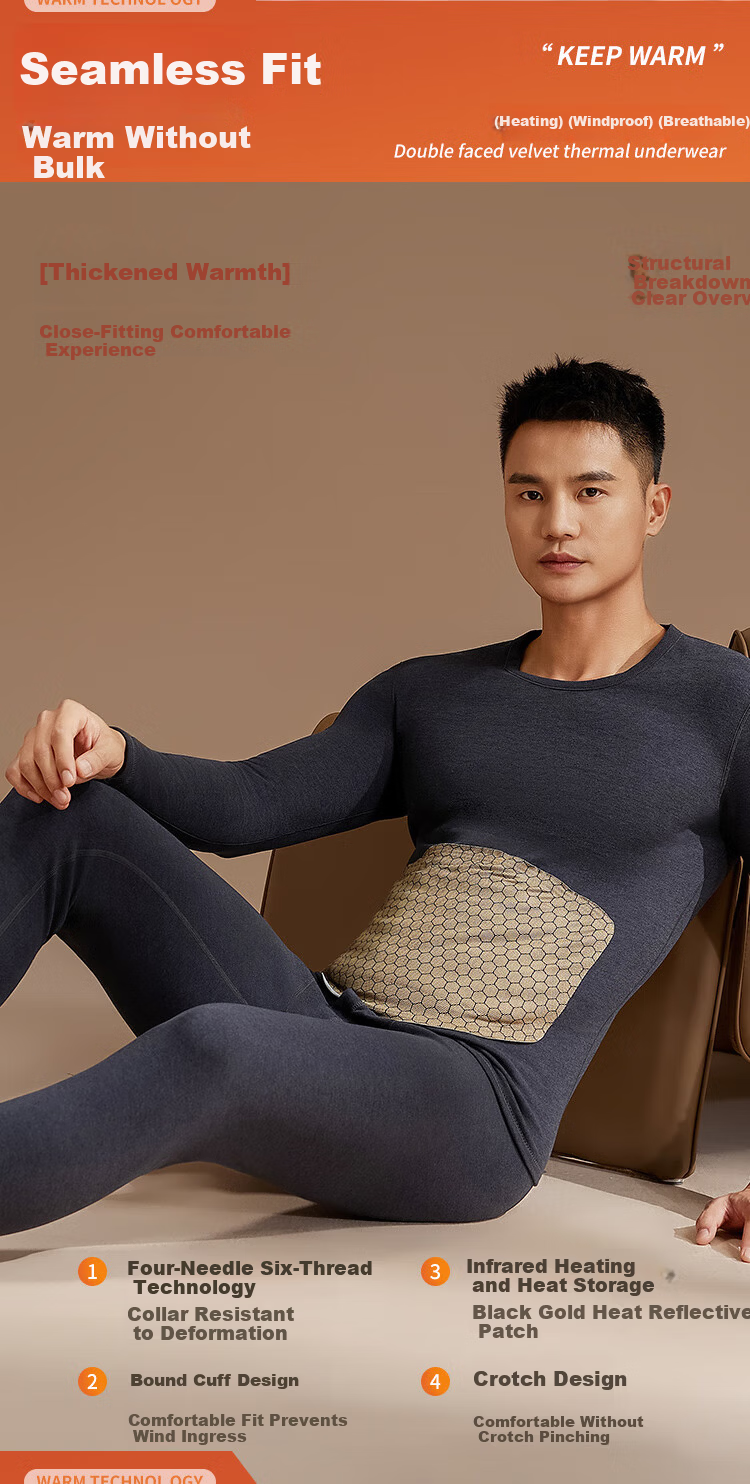 Modal Thermal Underwear for Men 100% Wool Black Gold Heating Patch Fleece Lined Thickened Men's Autumn Shirt and Pants Set 4